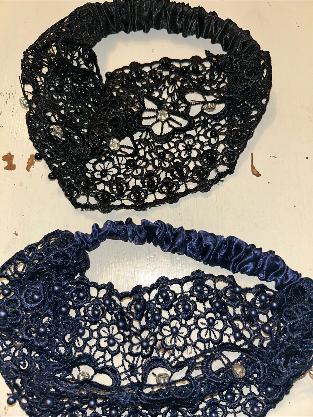 2pc wide lace/rhinestone/pearl headbands navy/black, new.